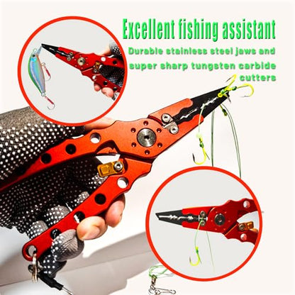 Fishing Pliers with Sheath，gloves and Lanyard; Multi-purpose Saltwater Fishing Pliers with Split Ring,Corrosion Resistance Fly Fishing Pliers(Red)