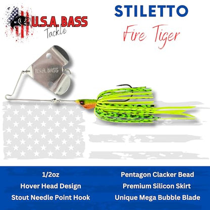 USA BASS Tackle Stiletto Buzzbait Largemouth Smallmouth Spotted Bass Premium Fishing Bait Hover Head Custom Silicon Skirt Mega Bubble Blade Clacker Heavy Duty Hook - color: Fire Tiger