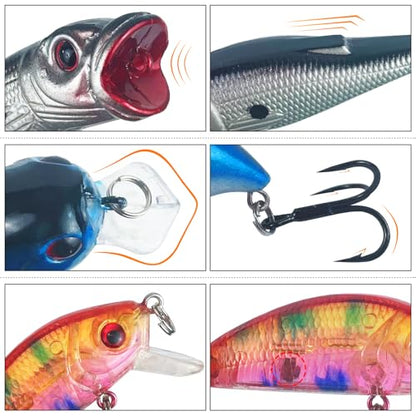 43Pcs Fishing Lures Kit Minnow Popper Walleye Fishing Lures Mixed Hard Crank Baits for Bass Fishing Walleye Salmon Freshwater Saltwater