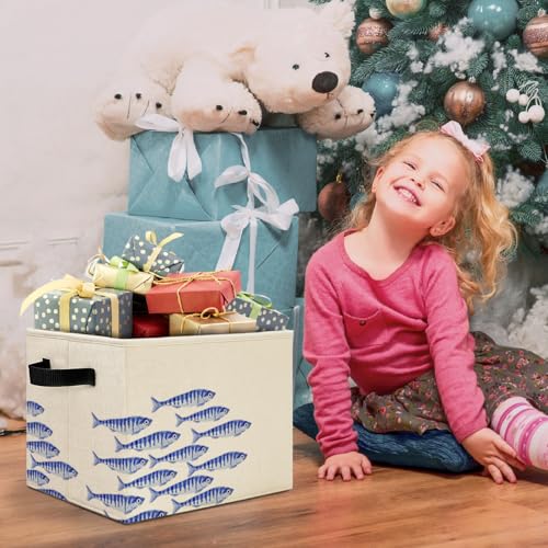 Blue Fish Coastal Beach Storage Bins Box with Handles, Ocean Nautical Sardine Fish Laundry Basket Hamper Collapsible Clothes Toys Organizer for Boys Room Nursery Bathroom Home - color: Blue Fish Coastal