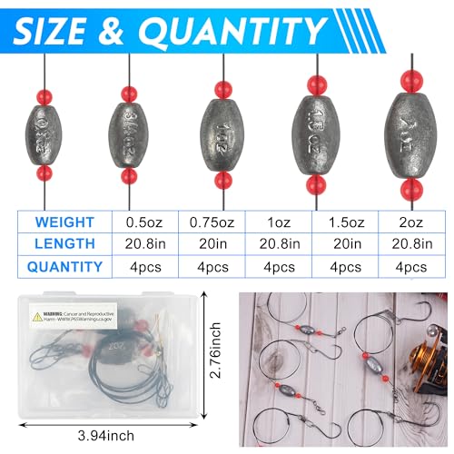 Saltwater Bottom Fishing Rigs Carolina Rig with Stainless Steel Wire Leader Egg Sinkers Surf Fishing Ready Rigs for Flounder, Striped Bass, Snapper, Grouper, Redfish, Drum 0.5–2 oz, 4Pcs - size: 1.5oz-4pcs