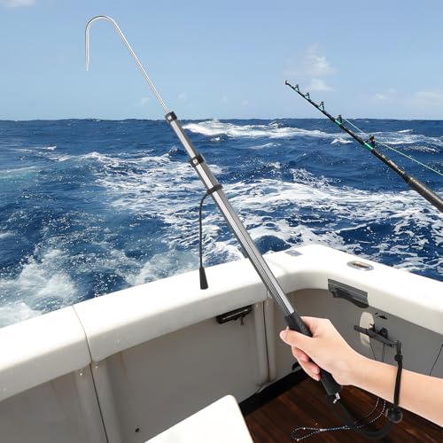 SANLIKE Telescopic Fishing Gaff, Aluminum Pole, Stainless Steel M8 Hook | Ultralight 4.62oz aluminum telescopic gaff (11.4"-24") with nonslip rubber handle, sharp stainless hook & safety lanyard - color: Grey, size: M-Extended 34.84"