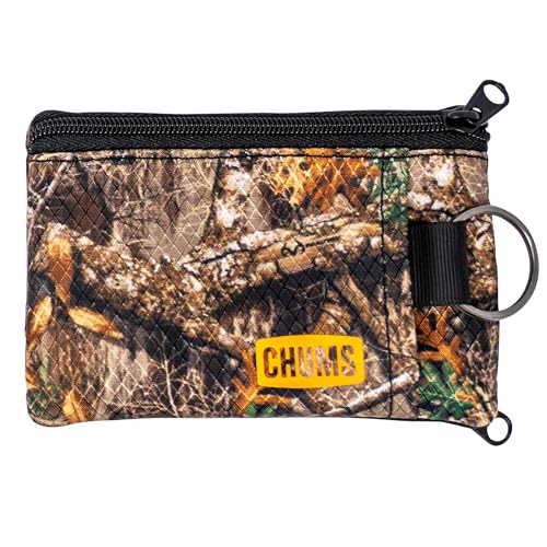 Chums Surfshorts Wallet - Lightweight Zippered Minimalist Wallet with Clear ID Window - Water Resistant with Key Ring (Realtree Edge Camo)