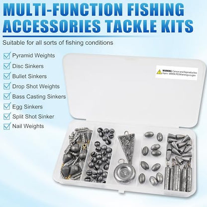 Fishing Weights Sinkers Kit, 100pcs Fishing Sinkers Assortment Includes Bullet Sinkers Disc Pyramid Weights Drop Shot Weight Split Shot Egg Sinkers for Saltwater Freshwater with Tackle Box