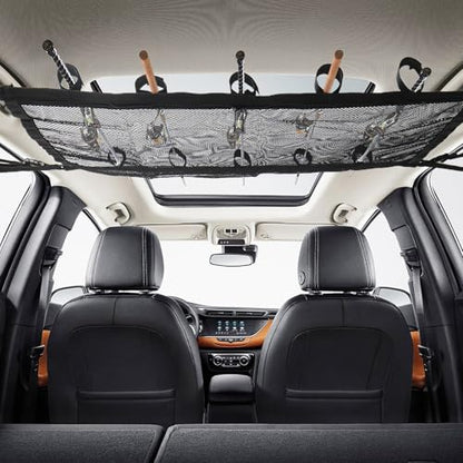 Klmnop Car Fishing Rod Holder, Double Layers Ceiling Fishing Rod Storage Net with 5 Rod Capacity and Zipper, Foldable Mesh Fishing Rod Storage for Car Inside(Black)