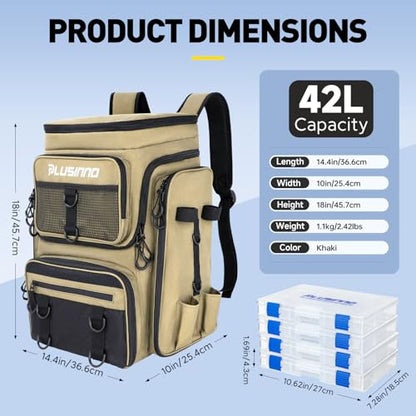 PLUSINNO Fishing Backpack with Rod Holders, 42L Large Water-Resistant Tackle Bag for Fishing, Camping, Hiking, Gifts, Khaki (4 Tackle Boxes Included), 36,6 x 25,4 x 45,7 cm, Sporty, functional - color: Khaki (4 Tackle Boxes Included)