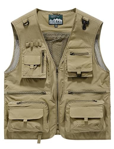 Men's Lightweight Mesh Fishing Vest Utility Outdoor Multi-Pocket Hunting Cargo Vest - color: Khaki, size: Large