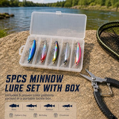 5PCS Sinking Jerkbait Fishing Lures, Long Casting Minnow Hard Baits with Realistic Swimming Action, Freshwater Fishing Lure Set for Bass, Trout, Walleye and Pike - size: 3.35"