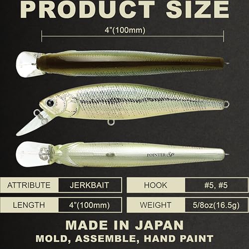 LUCKY CRAFT Pointer 100SP, Jerkbait Side by Side Action Tournament Winning Perfect Wobbling Freshwater Lake Bass Fishing Champion Bait - color: 818 Live Pearl Wakasagi