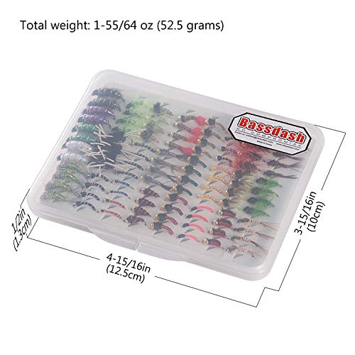 BASSDASH Fly Fishing Flies Kit Fly Assortment Trout Bass Fishing with Fly Box with Dry/Wet Flies, Nymphs, Streamers, Popper - style: 96 Pcs Nymphs Kit