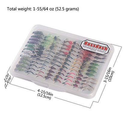 BASSDASH Fly Fishing Flies Kit Fly Assortment Trout Bass Fishing with Fly Box with Dry/Wet Flies, Nymphs, Streamers, Popper - style: 96 Pcs Nymphs Kit