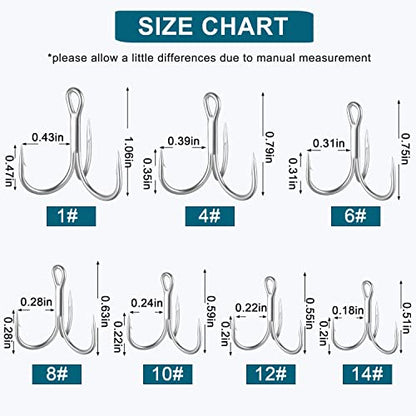 Fishing Red Treble Hooks- 80/120pcs Sharp Round Bend Barbed Treble Hook High-Carbon Steel Triple Hooks for Bass Trout Saltwater Freshwater Size 1/0 1 2 4 6 8 10 12 14 - color: WHITE, size: 80PCS-1#