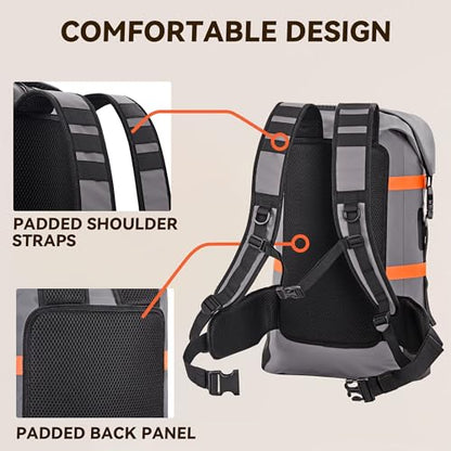 HEETA Dry Bags Waterproof Backpack 40L for Men & Women, Roll Top Heavy Duty Cushioned Hiking Backpack for Kayaking Boating Paddle Boarding Fishing Travel Camping Beach Vacation Cruise Ship Essentials - color: Grey