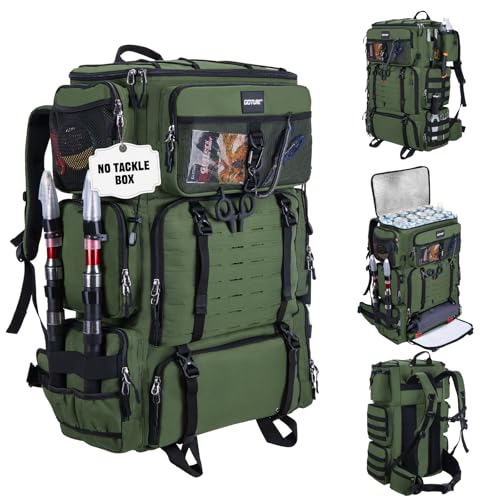 Goture Fishing Backpack with Cooler,72L Large 600D Tackle Backpack with Rod Holders,Dry & Wet Split Compartment,Adjustable Main Compartment,Rain Cover,Insulated Tactical Bag for Travel Camping Hiking - color: A1:Green(Only Bag,Without Tackle Box)