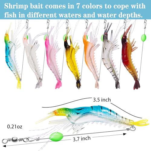 14Pcs Saltwater Fishing Lures Set with Box, 7 Colors Shrimp Lures Gear, Soft Artificial Shrimp Fishing Tackle with Luminous Sharp Hooks, Ocean Fishing Shrimp Bait for Saltwater and Freshwater