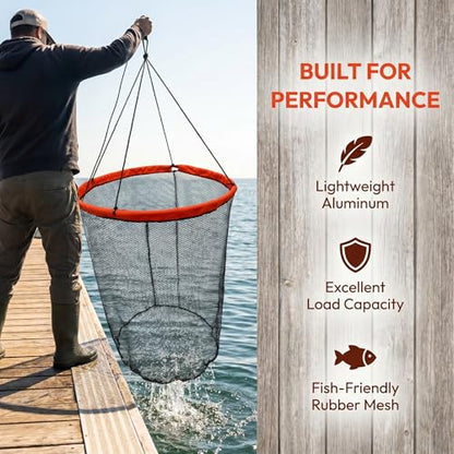 Foldable Bridge and Pier Fishing Landing Net - High Load-Bearing Aluminum Ring Drop Net for Saltwater Freshwater - Collapsible Basket with 50 FT Rope