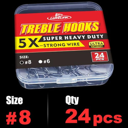 Fishing-Treble-Hooks-5X-Extra-Strong-Heavy-Duty Ultra Anti-Rust Bulk Hooks for Saltwater and Freshwater Fishing Sizes 5/0 to #8 - size: Size:8 24-Pack