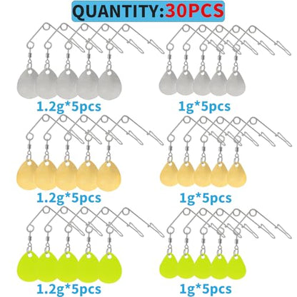 Fishing Spinnerbait Smooth Spoons Kit Fishing Spinner Blades Smooth Spoons Rigs with Willow and Teardrop Making Fishing Lures Replacement Accessories - color: 30Pcs Gold, silver and green
