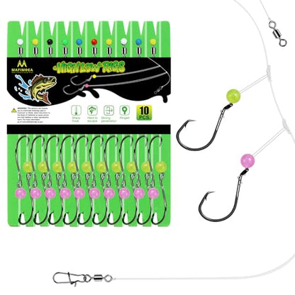 Pre-Rigged Surf Saltwater Fishing Rigs 10PCS, High-Low Rigs with Sharp 2/0-6/0 Circle Hooks for Fluke Flounder Porgy Snapper Sea Trout, Includes Storage Board. - size: Hi-Lo Double Rigs-3/0 Hook-10PCS