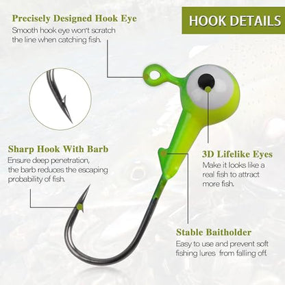 Fishing Jig Head Hooks - 25/50pcs Painted Round Ball Head Jigs with 3D Eyes Crappie Jig Hook for Bass Trout Walleye Fishing Jig Head Baits Assorted 1/32oz 1/16oz 1/8oz 1/4oz 3/8oz - style: 0.9g(1/32oz)-50pcs