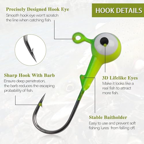 Fishing Jig Head Hooks - 25/50pcs Painted Round Ball Head Jigs with 3D Eyes Crappie Jig Hook for Bass Trout Walleye Fishing Jig Head Baits Assorted 1/32oz 1/16oz 1/8oz 1/4oz 3/8oz - style: 1.8g(1/16oz)-50pcs