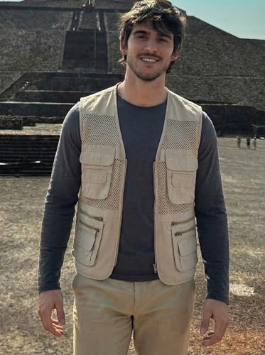 Men's Fishing Vest Multi-Pockets Unisex Mesh Utility Summer Vest for Hiking, Travel, Safari Waistcoat Jacket - color: Beige, size: X-Large