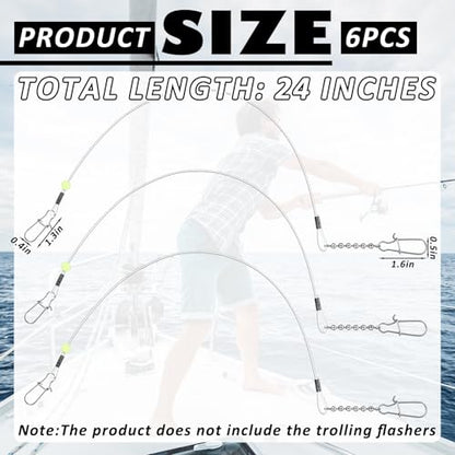 Threlaco 6 Pcs Trolling Bumper for Trolling Flashers Dodgers Fishing Leader Saltwater Leader Line Bottom Rigs Clear Nylon Surf Fishing Steel Tackle Rigs with Swivel Snaps Beads - size: 24 Inch
