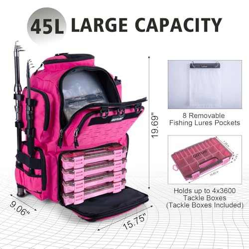 Goture Fishing Backpack with 4 Tackle Boxes,900D Water-Resistant Tackle Backpack with Rod Holders,45L Large Fishing Bag Storage Gear Tackle Bag with Rain Cover,Bottle Holder for Travel Camping Hiking - color: B3:pink With 4 Tackle Boxes