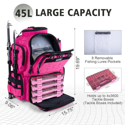 Goture Fishing Backpack with 4 Tackle Boxes,900D Water-Resistant Tackle Backpack with Rod Holders,45L Large Fishing Bag Storage Gear Tackle Bag with Rain Cover,Bottle Holder for Travel Camping Hiking - color: B3:pink With 4 Tackle Boxes