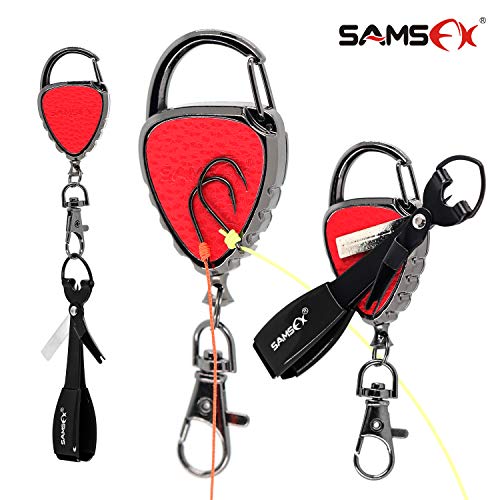 SAMSFX Quick Knot Tying Tool with Carabiner Zinger Retractor Fly Fishing Magnet Retractable Badge Holder and Multi-Tool Combo - color: Metal Zinger With Magnet & Black Knot Tool, Black Grip