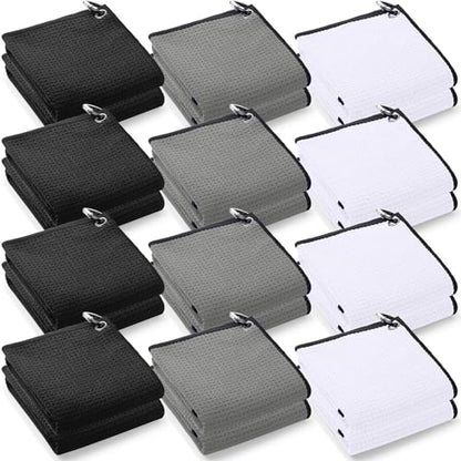 Batiyeer 12 Pcs Golf Towel Bulk for Golf Bags Microfiber Fabric Towel with Clip Waffle Pattern, Fitness, Camping, Hiking, Yoga - color: Black, Grey, White