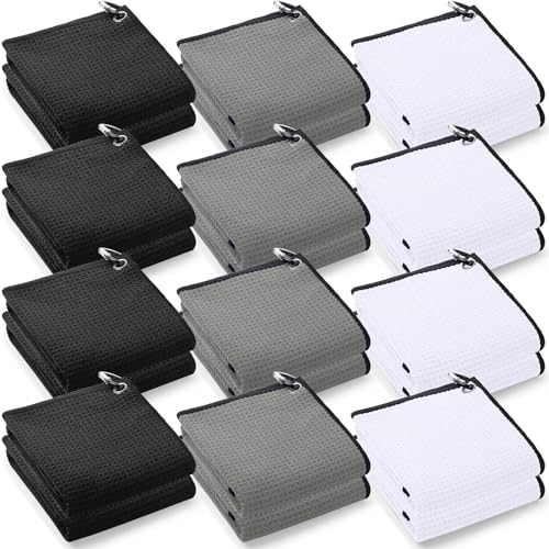 Batiyeer 12 Pcs Golf Towel Bulk for Golf Bags Microfiber Fabric Towel with Clip Waffle Pattern, Fitness, Camping, Hiking, Yoga - color: Black, Grey, White