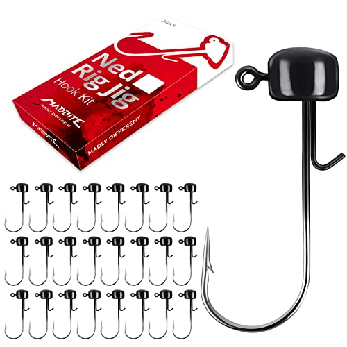 MadBite by KastKing Ned Rig Jig Heads for Soft Fishing Lures, 24-Pack Finesse Standard Mushroom Stand-up Ned Heads Kit, Needle Point Saltwater & Freshwater Versatility Ned Rig Hooks 1/8, 1/16, 3/16 oz - color: Black, size: 1/8 oz