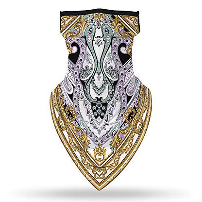 YAYOUREL Neck Gaiter Face Mask Bandanas for Men Women UV Face Scarf Cover Ear Loop Hole Facemask for Fishing Running Cycling - color: Gold White Purple