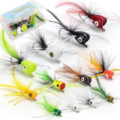Fly Fishing Poppers Flies, Fly Popper Lures Bass Bluegill Crappie Trout Salmon Panfish Perch Popper Flies Kit for Fly Fishing - color: 12pcs 3 Size Popper Flies