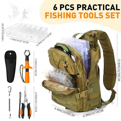 Eccliy 6 Pcs Fishing Tackle Bag Backpack with Rod Holders, Tackle Box, Fishing Pliers Kit and Fish Lip Gripper, Fish Gear and Equipment Fisherman Gift for Men Women - color: Khaki