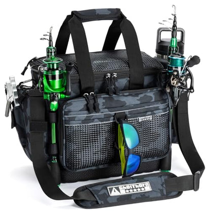 Ghosthorn Fishing Tackle Bag with Rod Holder Saltwater & Freshwater Resistant Large Tackle Box Bag - Waterproof Base, Adjustable Padded Shoulder Strap (Black Camouflage) - color: Black Camo-Waterproof Bottom, size: Large