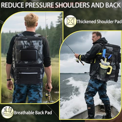 Fishing Backpack with Rod Holder, Large 50L Tackle Bag Water Resistant Tackle Backpack Heavy Duty Fishing Bag Gift for Men Woman - color: Camo Gray with 4 Tackle Boxes