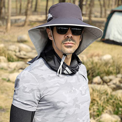 HUAMULAN Women Large Brim Sun Hat with Neck Flap, Men Quick Dry Hiking Fishing Safari Hat UPF 50+ - color: Hyp011-darkgray
