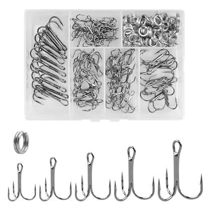 Fishing Treble Hooks Kit,160pcs High Carbon Steel Treble Hooks Strong Sharp Round Bend with Split Rings for Lures Baits Saltwater Freshwater Fishing Size 2# 4# 6# 8# 10# - color: Black Treble Hook Kit