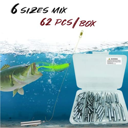 62Pcs/Box Lead Drop Shot Weights Kit (3/4oz, 1/2oz,1/4oz.3/8oz,1/5oz.1/8oz Mixed), Pencil Shaped Drop Shot Rig, No Snag Skinny Lead Sinker, Fishing Bass Rig Cylinder Saltwater Freshwater