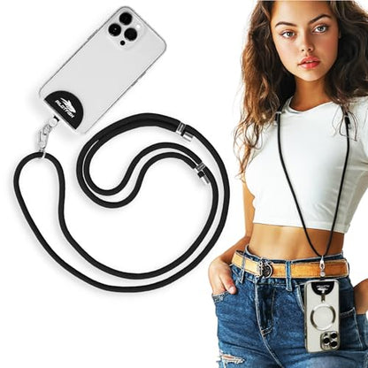 Pilotfish Team Phone Lanyard Strap – Universal Neck & Crossbody Cell Phone Holder, Anti‑Drop, Adjustable for iPhone & Android - color: Silver Buckle/Black