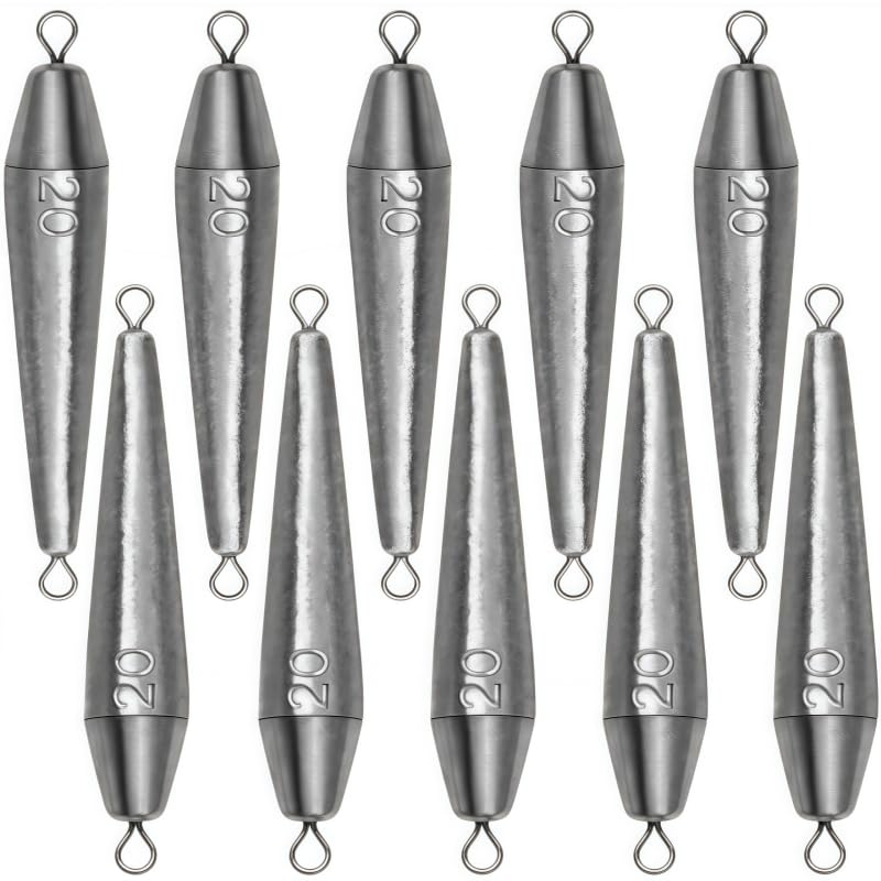10PCS Fishing Weights, Inline Trolling Bullet Sinkers Double Ring Torpedo Fishing Weights Lead Drop Shot Fishing Weight Sinkers - 20g-50g - size: 3/4 oz - 10 Pack