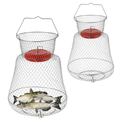 2 Pack Floatable Galvanized Steel Wire Fish Baskets, Collapsible Caget for Live Caught Fish, Portable Fishing Basket Wire Fishing Net Cage
