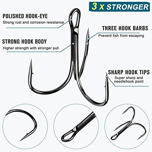 Fishing Red Treble Hooks- 80/120pcs Sharp Round Bend Barbed Treble Hook High-Carbon Steel Triple Hooks for Bass Trout Saltwater Freshwater Size 1/0 1 2 4 6 8 10 12 14 - color: BLACK, size: 120PCS-6#