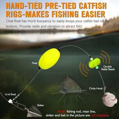 Dovesun Pre-Tied Catfish Rig System, 23 Inch 55LB Santee Cooper Catfish Float Rig with Adjustable EVA Slip Float and High Carbon Circle Hooks 5/0 6/0 8/0, Ready-to-Fish for River and Bank Fishing - color: Oval Float 8/0 Hook * 6PCS
