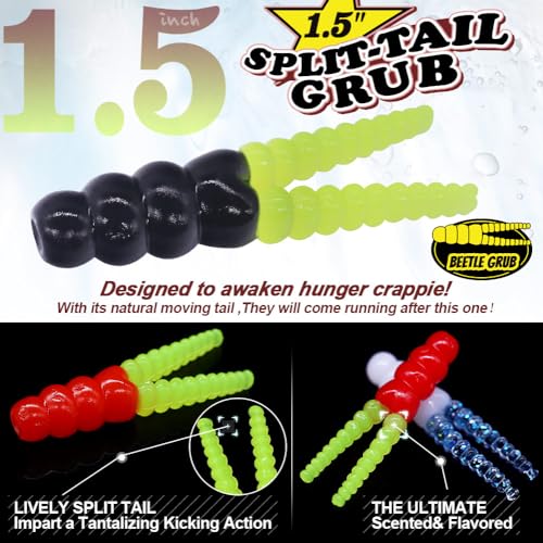 Crappie Jigs and Lures Kit -135 & 40 Piece Set with Plastics, Jig Heads, Split-Tail Grub Baits - Perfect for Crappie Fishing, Panfish Lures - color: Split-Tail Grub 40 pc. KIT Combo 2