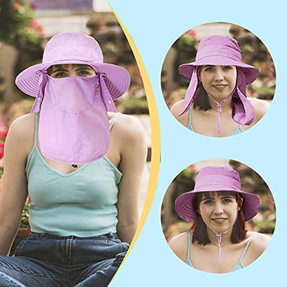 Fishing Hat for Men & Women, Outdoor UV Sun Protection Wide Brim Hat with Face Cover & Neck Flap - color: Purple