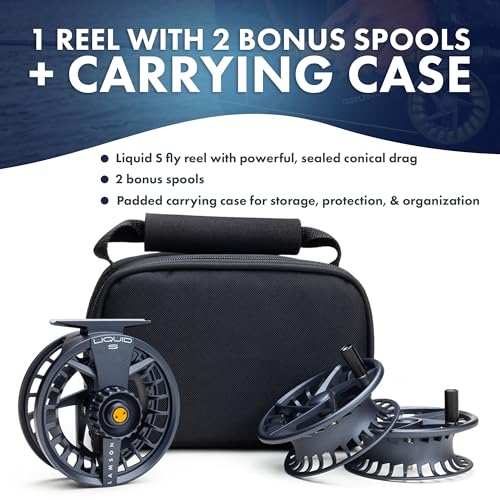 LAMSON | Liquid S-Series Fly Fishing Reel 3 Pack | All-Water | 1 Reel & 2 Bonus Spools + Carrying Case | Large Arbor, Powerful Sealed Drag, Pressure Cast Aluminum - color: DAYBREAK, size: -7+