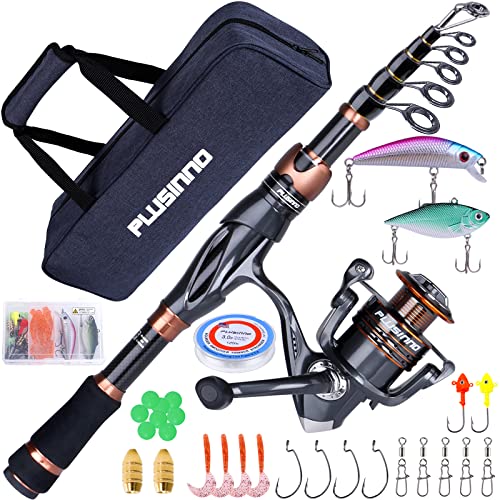 PLUSINNO Fishing Rod and Reel Combos, Bronze Warrior Toray IM6 Carbon Matrix Telescopic Fishing Rod Pole, 12 +1 Shielded Bearings Stainless Steel BB Spinning Reel, Travel Freshwater Fishing Gear - color: Full Kit with Carrier Case, size: 1.80M / 5.91FT